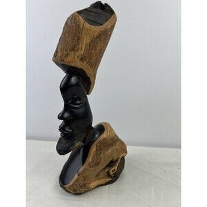 Vtg Original Kenyan‎ Hand Carved African Man Bust Head Wood Sculpture Folk Art
